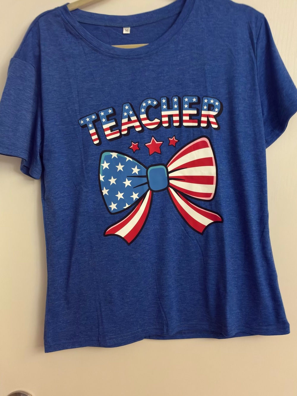 Blue 'Teacher' Short Sleeve Tee with Patriotic Bow Graphic
